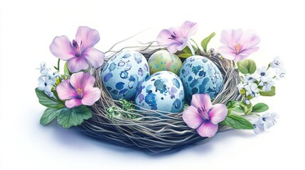 Fototapeta premium Happy Easter tag, springtime nest with eggs and flowers over white