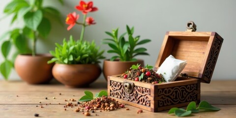 Aromatic Spice Blend in Ornate Wooden Box, Surrounded by Lush Potted Plants