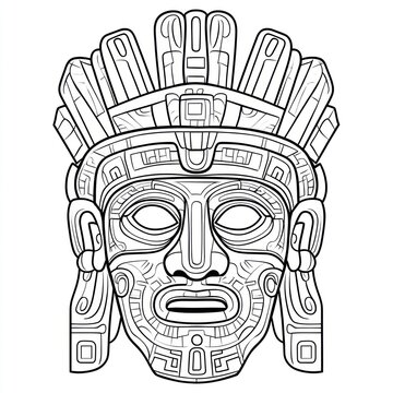 Intricate Aztec Mask Design Detailed Line Art