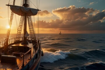 Sailing ship sunset golden hour.