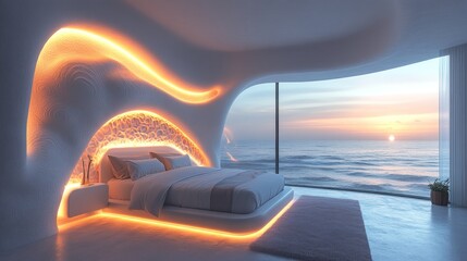 Futuristic bedroom with ocean view, illuminated headboard, and sunset.