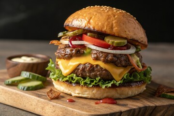 hamburger on a wooden background beef burger with lettuce, cheese and onion served on cutting board on a black wooden table, with copyspace.