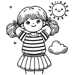 Cheerful little girl with pigtails, holding her hands behind her back