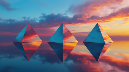 Surreal Mountain Range with Floating Geometric Shapes at Sunset Reflection