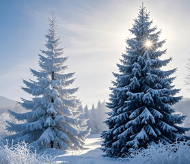 Obraz premium Winter panorama landscape with a snow-covered forest and trees at sunrise. A winter morning marking the beginning of a new day. Winter landscape with sunset, panoramic view