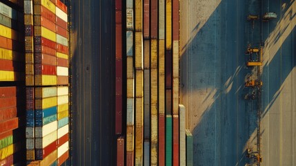 Obraz premium Drone shot of shipping containers in neat rows at a port, international freight management 