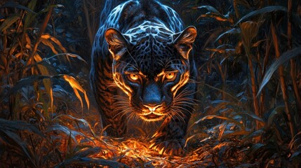 A fierce black panther prowls through a dark, vibrant jungle, illuminated by fiery highlights.
