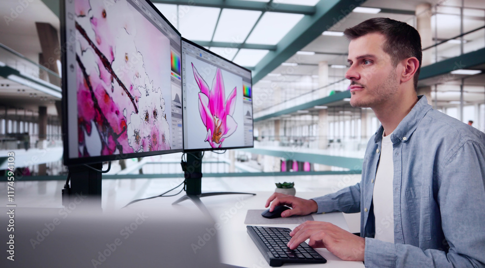 Aufkleber website graphic designer working in office