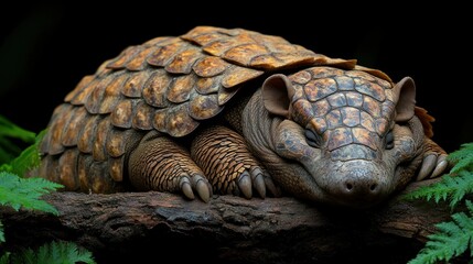 Obraz premium A detailed, realistic depiction of a sleeping armadillo on a log surrounded by ferns.