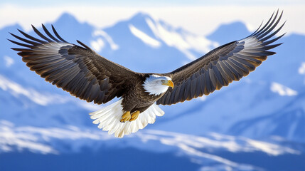 Obraz premium majestic eagle flying over mountains, wings spread wide, dramatic sky background