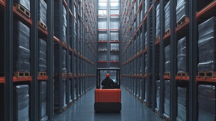 Fototapeta premium Worker driving forklift on shelves in large warehouse, back view 
