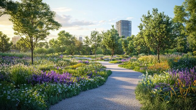 Urban park walkway showcasing diverse flora and fauna - Powered by Adobe