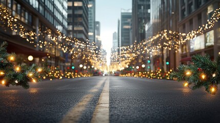 A city street with Christmas lights and trees on the sidewalk