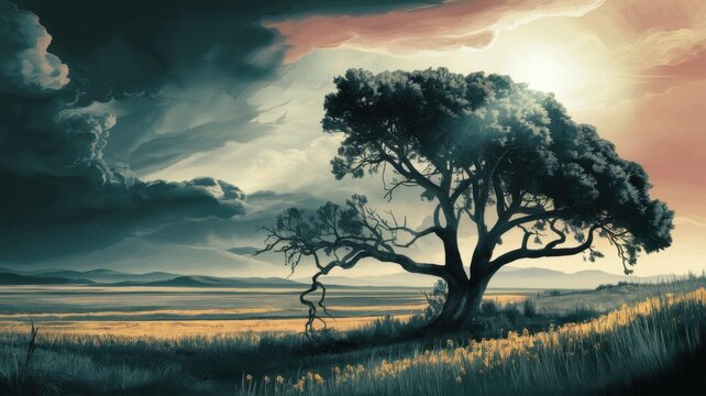 Vintage retro cinematic scenery of a dramatic sunset sky with dark clouds over an old twisted tree
