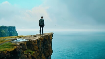 Obraz premium A lone man stands at the edge of a cliff, surveying the vast ocean and dramatic cliffs in the distance, conveying a sense of solitude and contemplation.