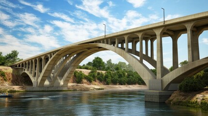 Fototapeta premium A modern concrete bridge spanning a river, surrounded by greenery and blue skies.