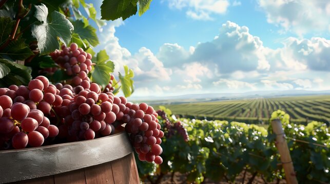 A close-up of ripe red grapes in a wooden barrel, set against a scenic vineyard landscape with rolling hills and a blue cloudy sky.