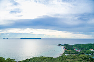 top view of  Tropical white sand beach and sea at samea beach on larn island, Pattaya City, Chonburi, Thailand
