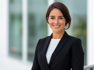 A professional woman in a black suit smiles confidently against a modern, softly blurred background.