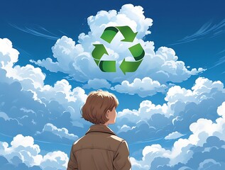 A young person gazing at the recycling symbol in the sky surrounded by bright clouds, symbolizing sustainability, eco-conscious living, renewable energy, environmental awareness, and a greener future
