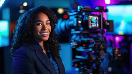 Confident Female Television Presenter in Front of a Professional Camera