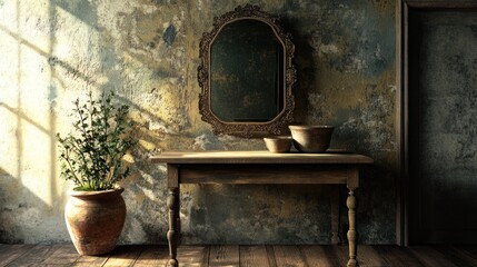 Rustic Interior with Ornate Mirror and Wooden Table