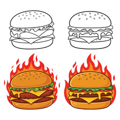 Delicious Burger Cheese With Fire in vector illustration with white background 