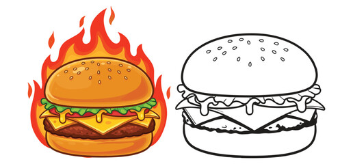 Delicious Burger Cheese With Fire in vector illustration with white background 