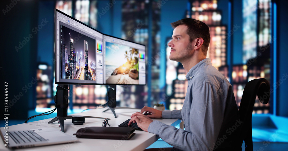 Poster Graphic Designer Working On Computer Editing
