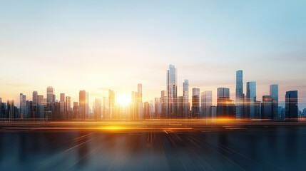 A city skyline with a bright orange sun in the background