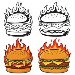 Delicious Burger Cheese With Fire in vector illustration with white background 