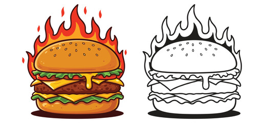 Delicious Burger Cheese With Fire in vector illustration with white background 