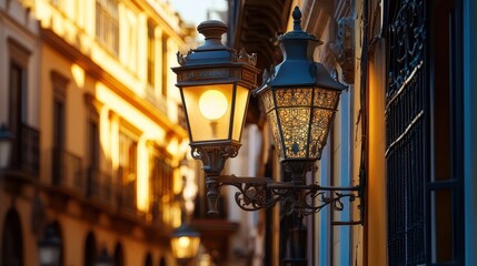 Obraz premium Ornate street light and historic architecture in Seville, Spain