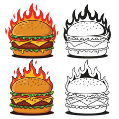 Delicious Burger Cheese With Fire in vector illustration with white background 