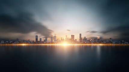 Fototapeta premium A city skyline is reflected in the water