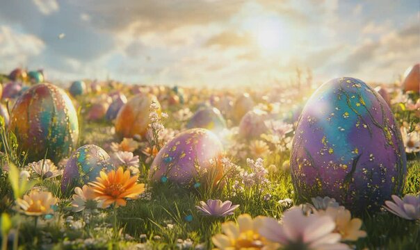 Easter eggs in a flower field for the background of Easter celebrations,empty space for design text and gift 