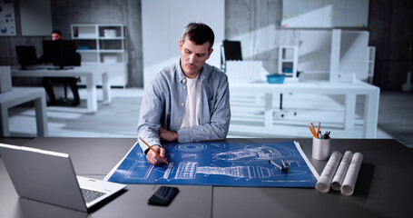 Design Industry And Development. Machine Blueprint At Factory