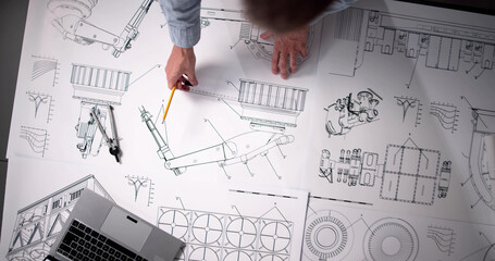 Design Industry And Development. Machine Blueprint At Factory