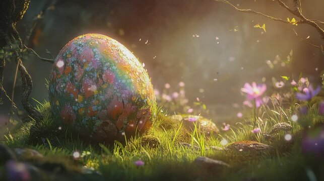 Easter eggs in a flower field for the background of Easter celebrations,empty space for design text and gift 

