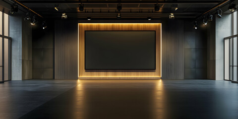 Industrial Chic:  A minimalist, industrial-style conference room with a large blank canvas, perfect for showcasing your brand or message. The warm glow of the lights illuminates the space.