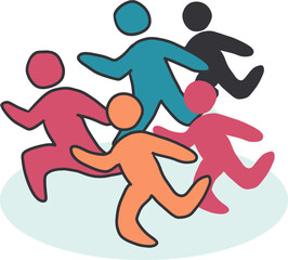 Community Charge Colorful Running Figures Art. Ideal for use in motivational materials, team-building resources, or any project emphasizing collective effort and activity.