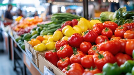 Vibrant Display of Fresh Vegetables and Fruits at a Colorful Market Stall in Daylight