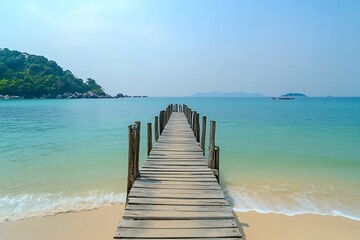 Serene Wooden Pier Extending to Clear Ocean Waters Beach Environment Tranquil Perspective