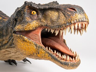 Obraz premium A detailed sculpture of a dinosaur's head, showcasing its fierce expression and textures.