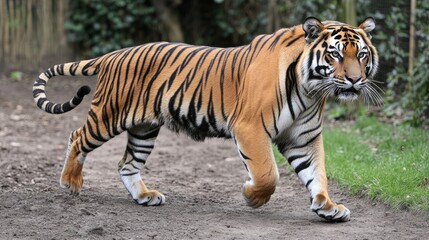 Obraz premium A tiger walking through a natural environment, showcasing its majestic appearance.