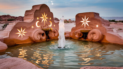 A crystal-clear fountain surrounded by desert sandstone carvings, glowing softly in the moonlight. The carvings have intricate designs, including stars, crescent moons, and spirals. The water in the f