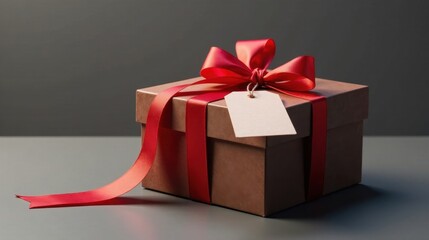 A beautifully wrapped gift box with a red ribbon and blank tag, ready for a special occasion