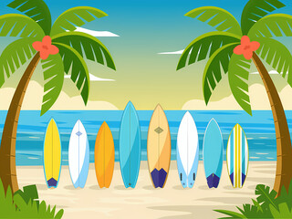 Illustration of Surf Boards On A Tropical Beach. Space for copy. Holiday vibe.