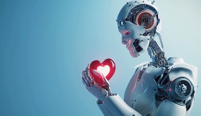 Humanoid robot holding red heart in his hands. Valentine's day concept. 3D Rendering, copy space.