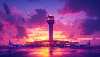 Obraz premium Isometric low poly airport terminal during a radiant sunset, vibrant jets landing on apron, sleek control tower silhouetted against vivid sky, cinematic and surreal beauty